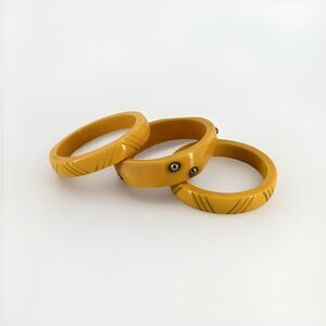 Vintage Butterscotch Bakelite Bangles Set of 3 Art Deco Carved Studded Bracelets